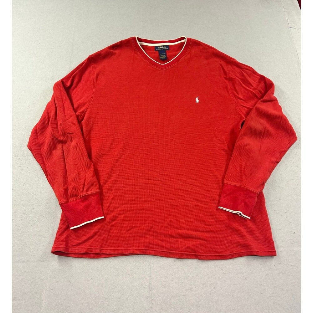 Polo Ralph Lauren Mens Waffle Knit V Neck Red Long Sleeve Shirt Thermal 2XL